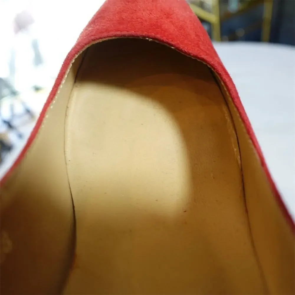 Anthropologie Vanessa Tao Pointed Toe Pumps Size 38 7.5 Red Suede Leather Heels‎